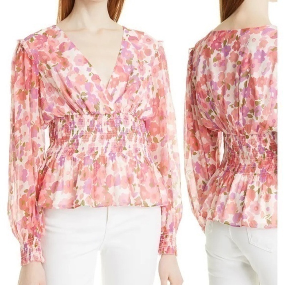 NICOLE MILLER Floral Smocked Silk Blouse Coral M